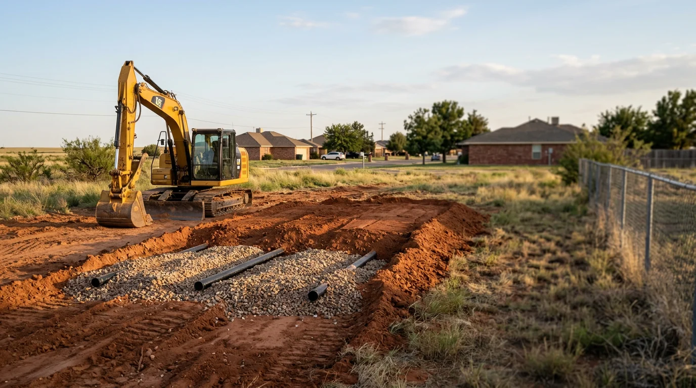 Septic system installation equipment on a residential property.