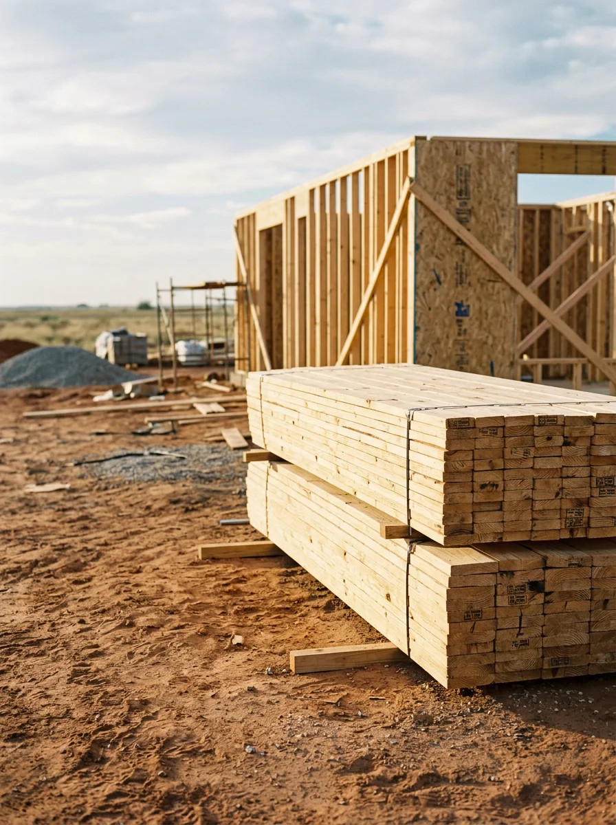 Framing lumber stacked on a residential construction site in Amarillo, TX, with a partially framed exterior wall and caliche soil visible at the base.