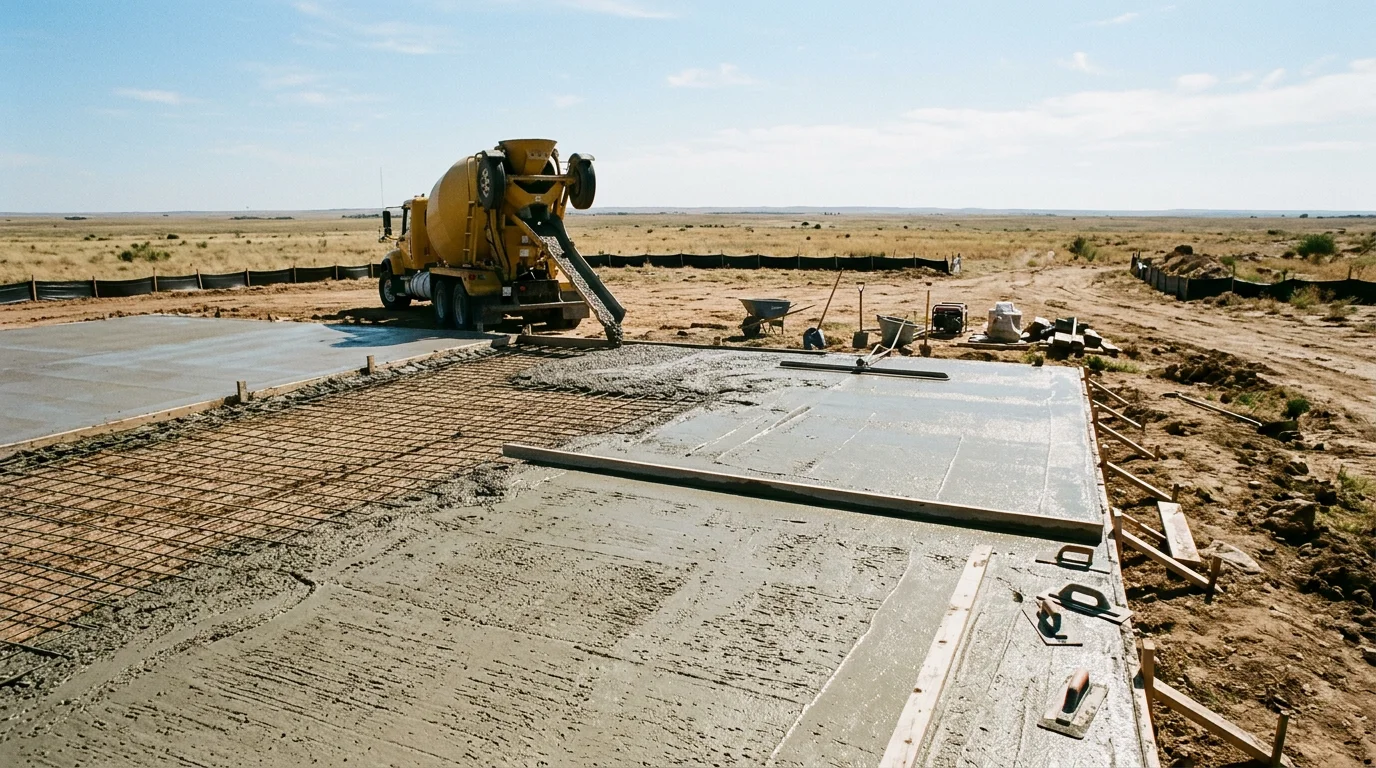 A concrete slab being poured on a new construction lot in Amarillo, Texas, with flat Panhandle terrain and open sky visible in the background.