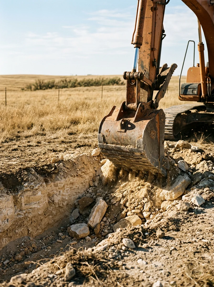 Excavation equipment breaking through a caliche layer on a rural property near Dalhart, TX, during site preparation for a new septic system install.