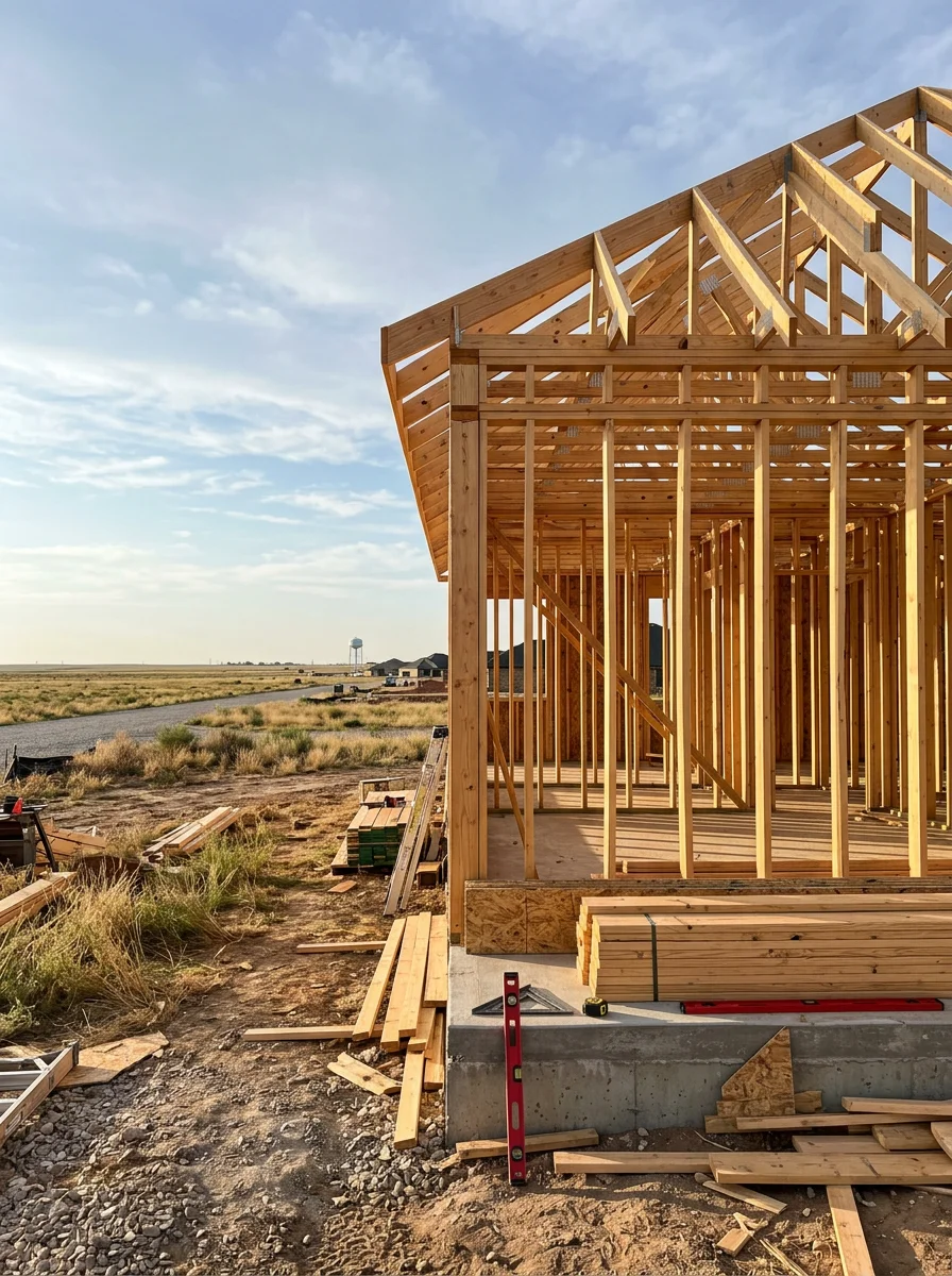 A new construction home being framed on a large residential lot in the Quail Creek subdivision of Northwest Amarillo, TX, with open sky and flat Panhandle terrain in the background.