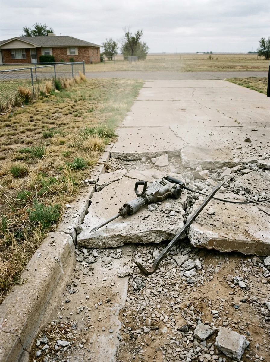 A cracked concrete driveway being broken out and removed at a residential property in Pampa, TX, with flat Gray County terrain visible in the background.