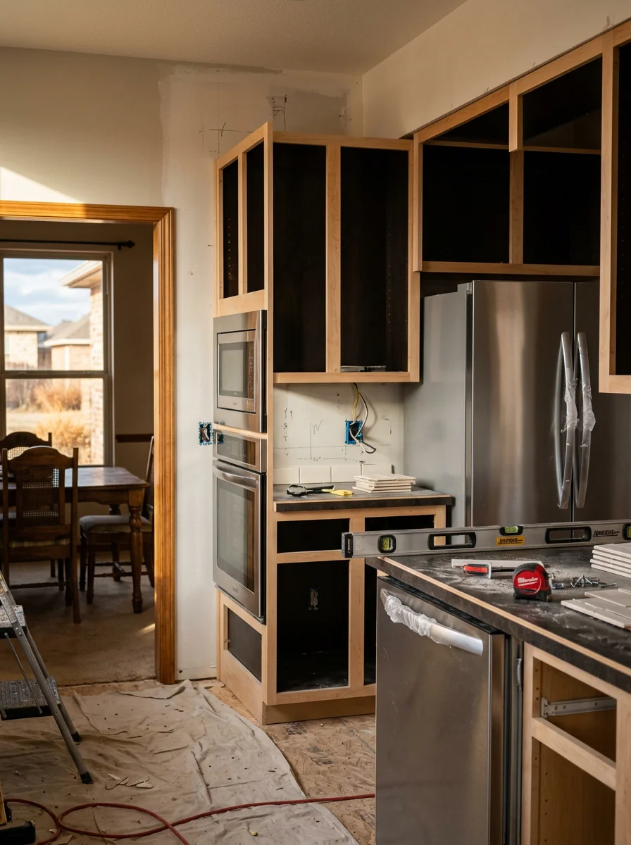 A kitchen renovation underway inside a late-1990s home in The Colonies subdivision of Southwest Amarillo, TX, with cabinets removed and new appliances staged for install.