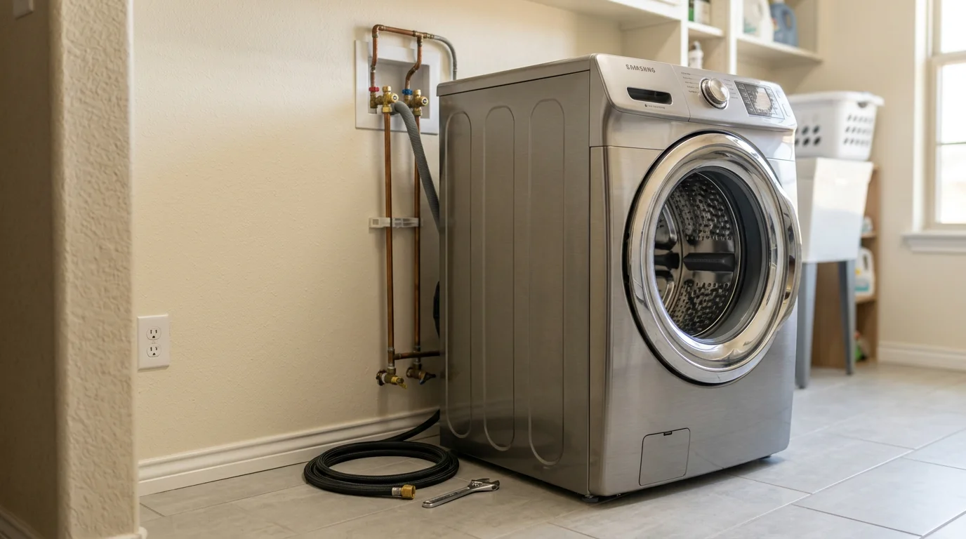 A newly installed dishwasher fitted flush into a kitchen cabinet in an Amarillo, Texas single-family home. The surrounding cabinetry is intact and the unit is fully connected and ready for use.