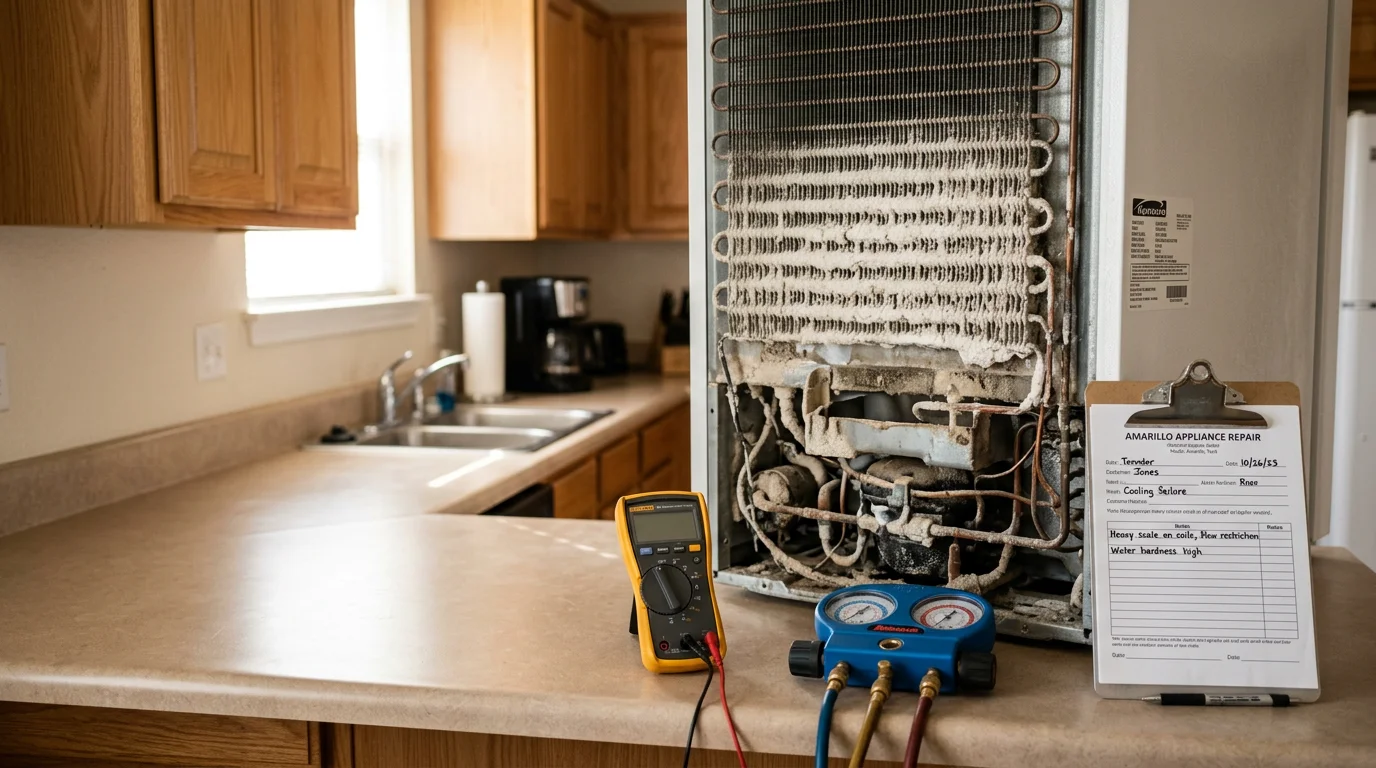 A technician inspecting the internal components of a residential washing machine during an appliance repair visit in an Amarillo, Texas home. The laundry room shows typical Panhandle-area housing with standard utility connections.