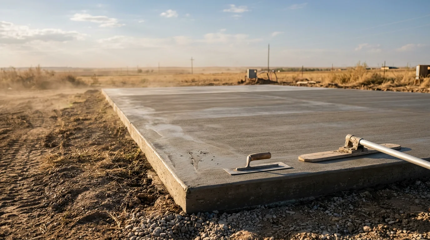 A freshly finished concrete slab with a smooth broom-textured surface outside a residential property in Amarillo, Texas. The surface shows clean edges and consistent texture typical of professional concrete finishing work in the Texas Panhandle.