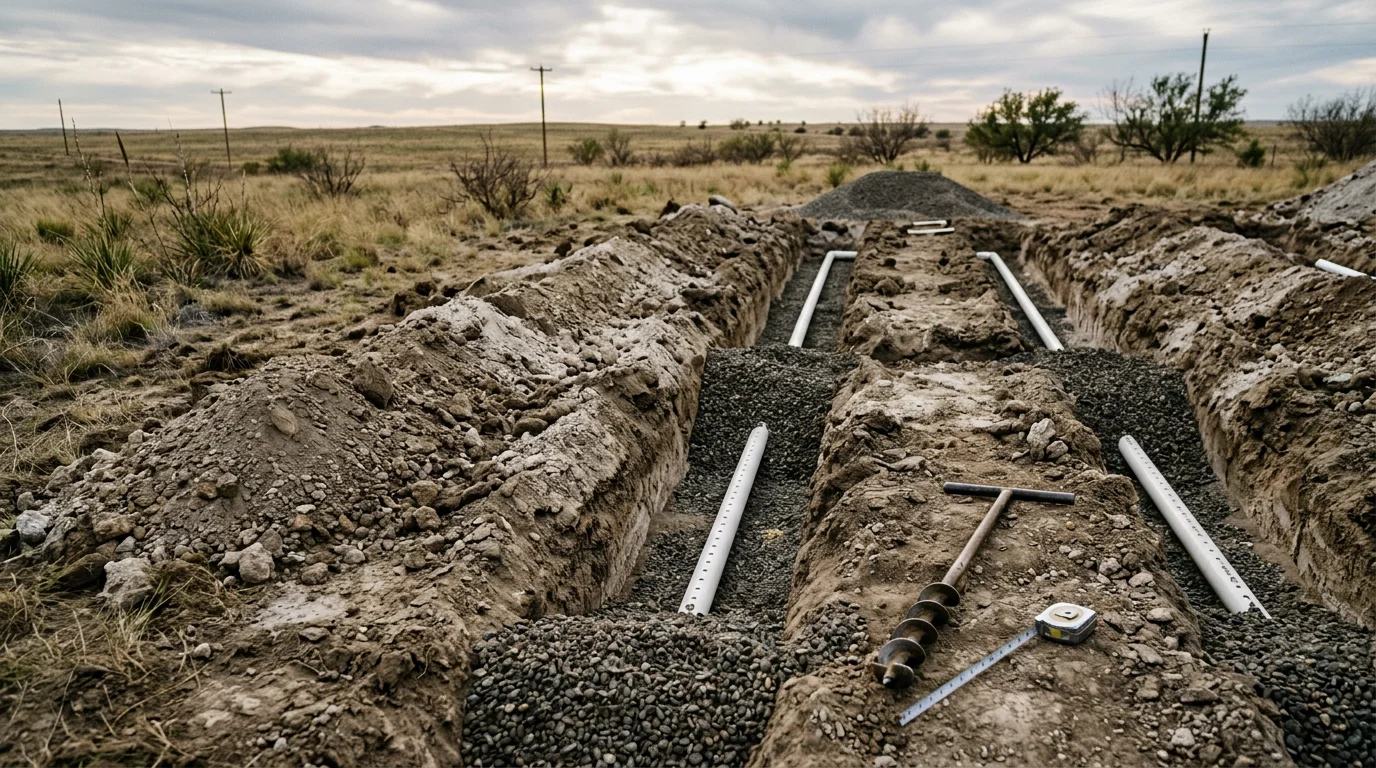 Freshly excavated drain field trenches on a residential property near Amarillo, Texas, with sandy loam and caliche soil visible along the trench walls. A gravel bed lines the bottom of each trench in preparation for drain field installation.