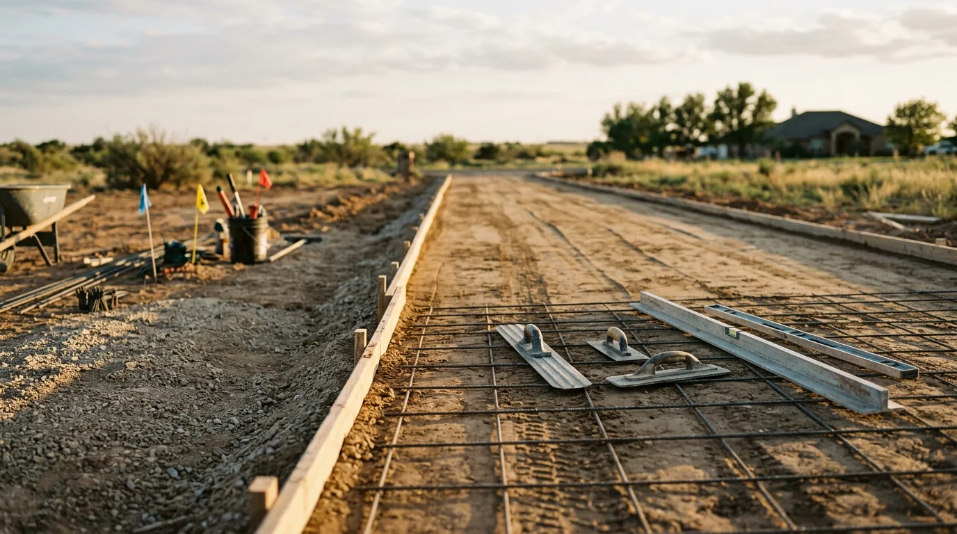 A freshly installed concrete driveway in front of a residential home in Amarillo, Texas, with a smooth finished surface and clean edges meeting the street curb. The flat Texas Panhandle landscape is visible in the background.