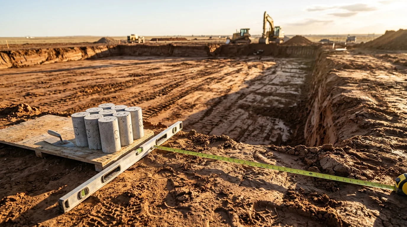 Concrete foundation work in progress at a residential property in Amarillo, Texas, showing freshly poured footings set into prepared ground. The surrounding Texas Panhandle terrain is visible in the background.