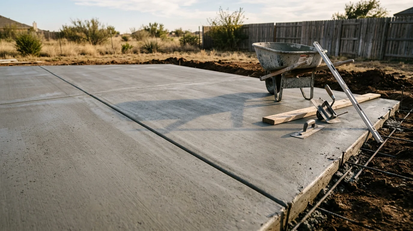 A freshly poured concrete patio in an Amarillo, Texas backyard, showing a smooth broom-finished surface with clean edges and a graded slope away from the home. The surrounding yard reflects the open, flat landscape typical of the Texas Panhandle.