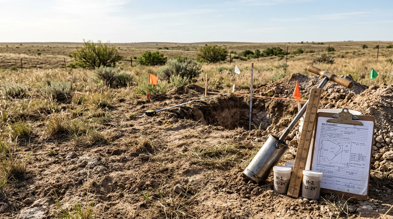 A site plan drawing for a septic system design laid out on a Texas Panhandle property near Amarillo. The plan shows tank placement, drain field layout, and setback measurements marked on a property diagram.
