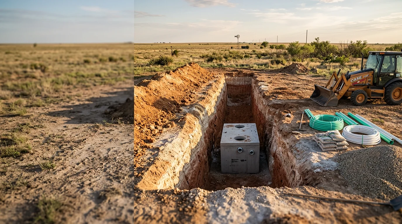 A newly installed septic system on a rural residential property in the Texas Panhandle, showing a concrete tank set in clay-heavy soil with a graded drain field area extending across the yard.