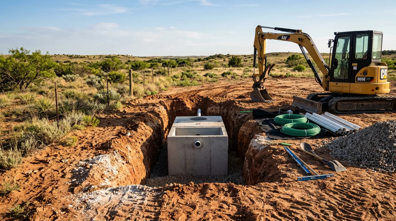 A septic tank being set into an excavated pit on a residential property in Amarillo, Texas, with flat Panhandle terrain visible in the background. Construction equipment is positioned alongside the open trench during the installation process.